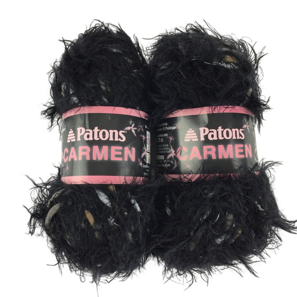 Patons Carmen Yarn Ebony Black Bulky 5 Eyelash Fuzzy Nylon Blend Lot of 2 Skeins